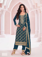 Tasteful Teal Color Jacquard Fabric Designer Suit