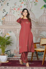 Classy Red Color Silk Fabric Casual Kurti With Bottom