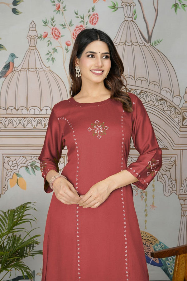 Classy Red Color Silk Fabric Casual Kurti With Bottom