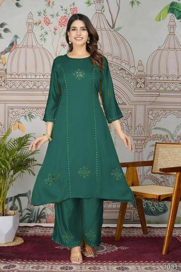 Classy Green Color Silk Fabric Casual Kurti With Bottom