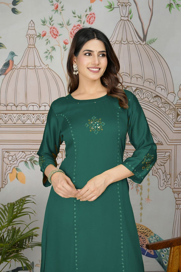 Classy Green Color Silk Fabric Casual Kurti With Bottom