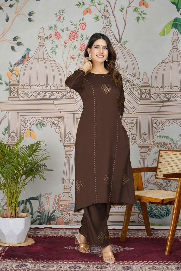 Classy Brown Color Silk Fabric Casual Kurti With Bottom