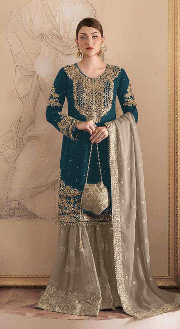 Tasteful Teal Color Georgette Fabric Partywear Suit
