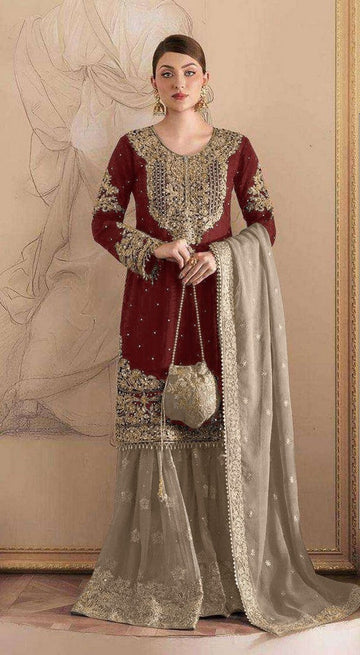 Tasteful Maroon Color Georgette Fabric Partywear Suit