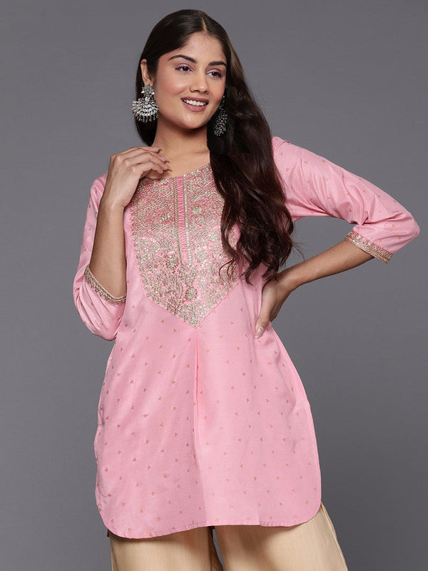 Pretty Pink Color Polyester Fabric Designer Kurti