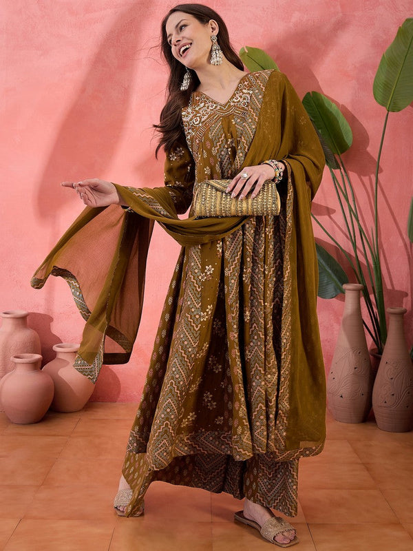 Amazing Brown Color Silk Fabric Plazzo Suit