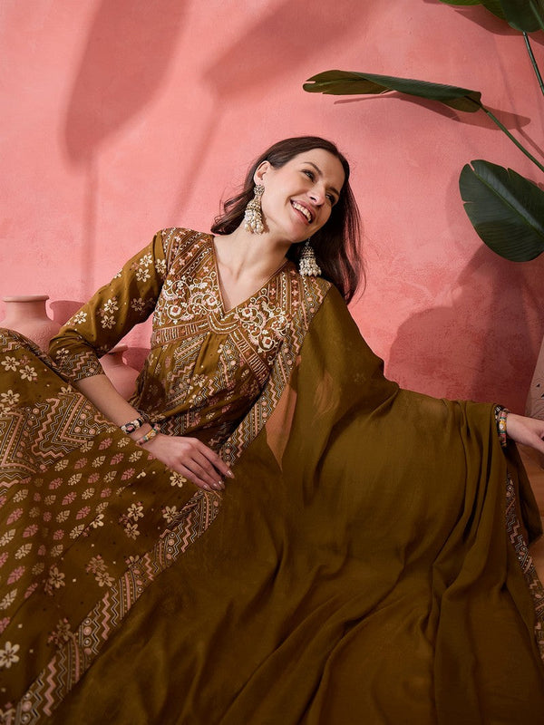 Amazing Brown Color Silk Fabric Plazzo Suit