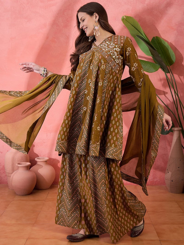 Amazing Brown Color Silk Fabric Plazzo Suit