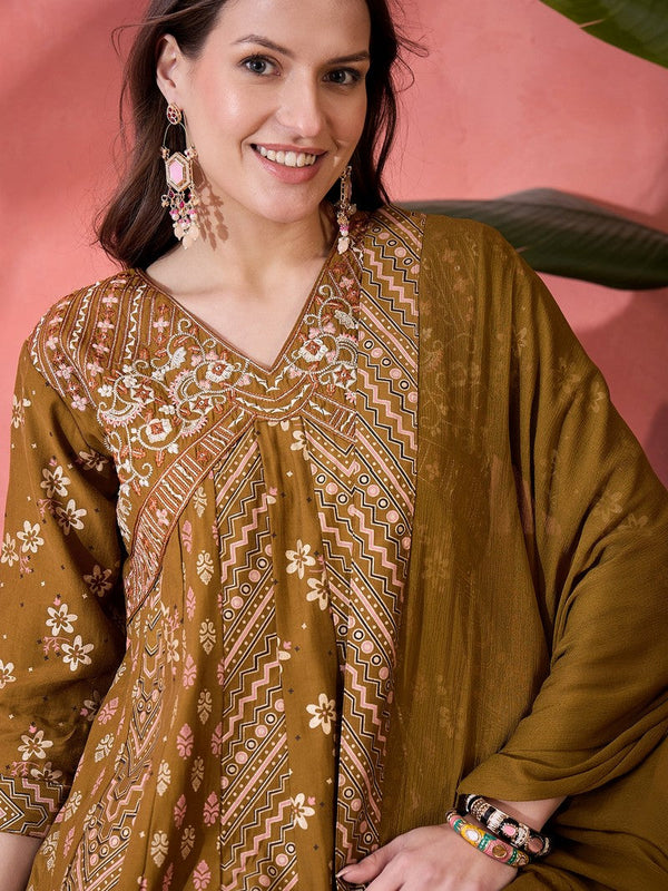 Amazing Brown Color Silk Fabric Plazzo Suit