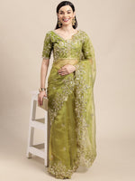 Wonderful Green Color Organza Fabric Partywear Saree