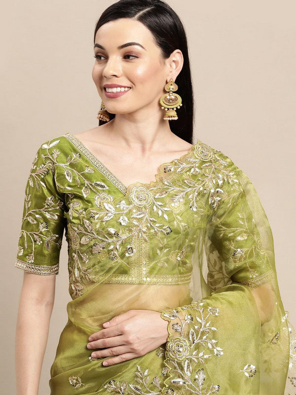 Wonderful Green Color Organza Fabric Partywear Saree