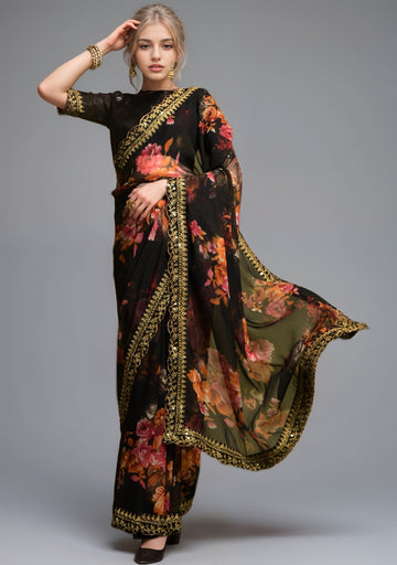 Wonderful Black Color Georgette Fabric Designer Saree