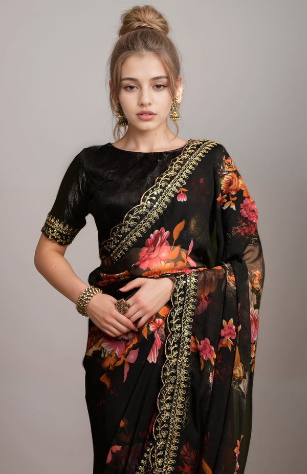 Wonderful Black Color Georgette Fabric Designer Saree