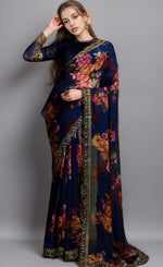 Wonderful Blue Color Georgette Fabric Designer Saree