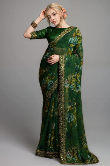 Wonderful Green Color Georgette Fabric Designer Saree