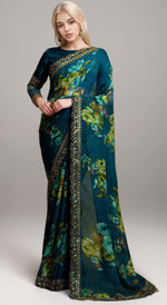 Wonderful Teal Color Georgette Fabric Designer Saree