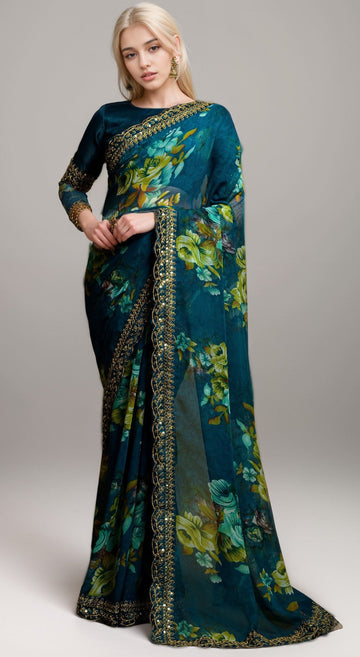 Wonderful Teal Color Georgette Fabric Designer Saree