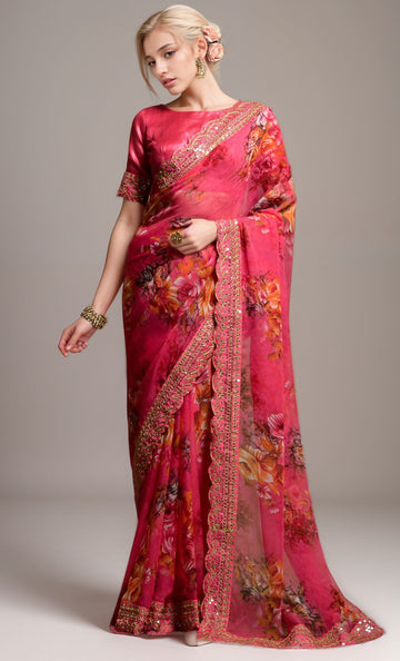 Wonderful Pink Color Georgette Fabric Designer Saree
