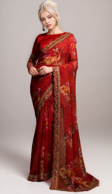 Wonderful Red Color Georgette Fabric Designer Saree