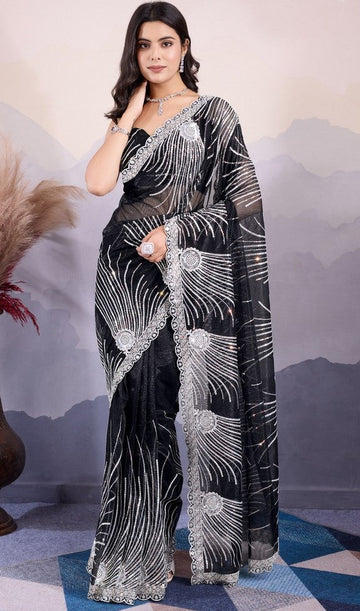 Wonderful Black Color Net Fabric Partywear Saree