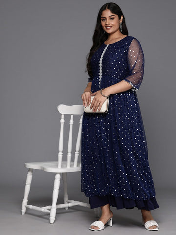 Divine Navy Blue Color Net Fabric Designer Kurti