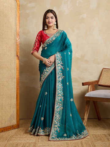 Wonderful Teal Color Chiffon Fabric Partywear Saree