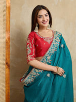 Wonderful Teal Color Chiffon Fabric Partywear Saree