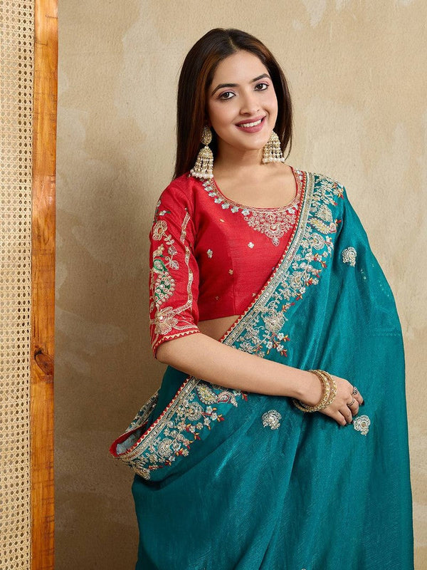 Wonderful Teal Color Chiffon Fabric Partywear Saree