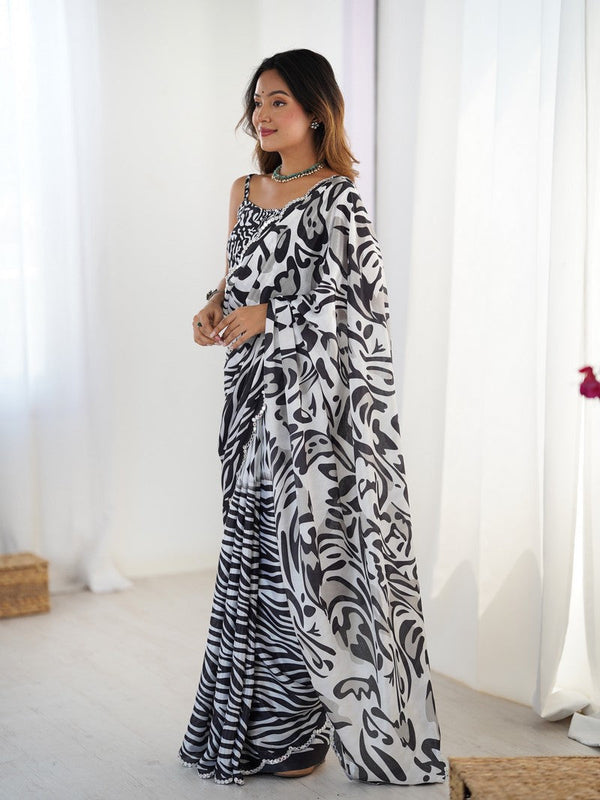 Beautiful Black Color Chinon Fabric Casual Saree