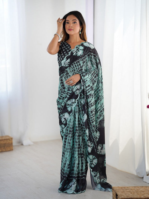 Beautiful Green Color Chinon Fabric Casual Saree
