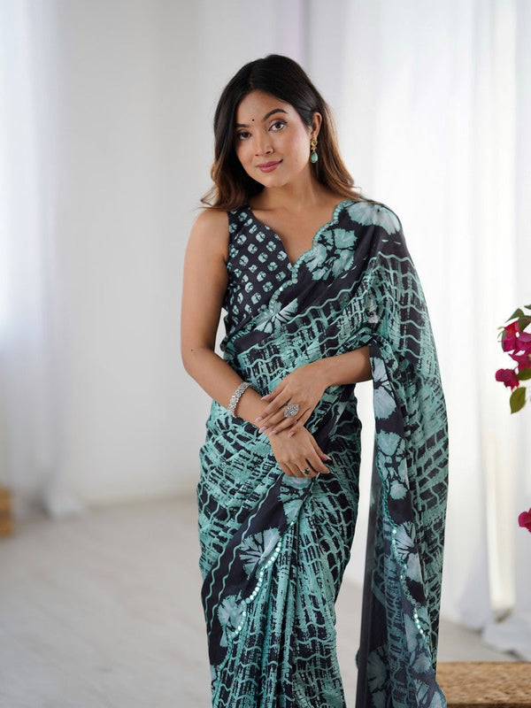Beautiful Green Color Chinon Fabric Casual Saree