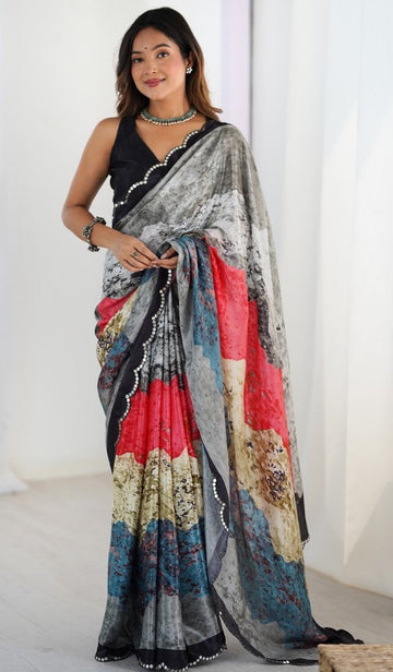 Beautiful Grey Color Chinon Fabric Casual Saree