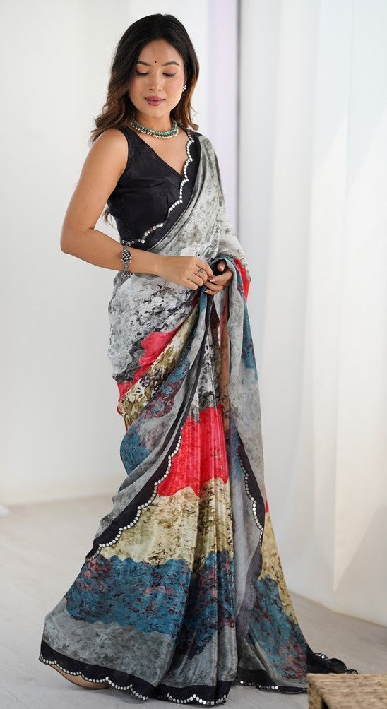 Beautiful Grey Color Chinon Fabric Casual Saree