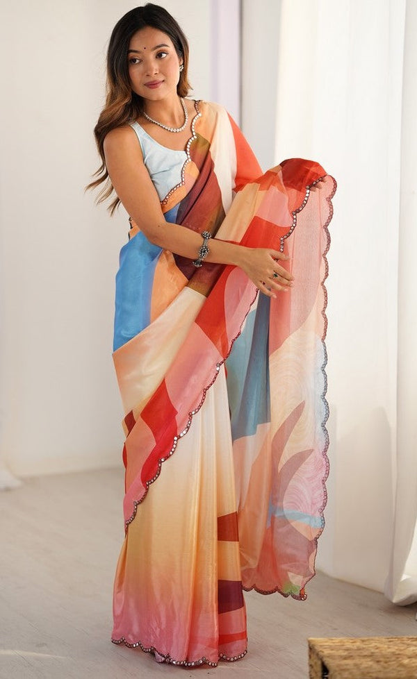 Beautiful Multi Color Chinon Fabric Casual Saree