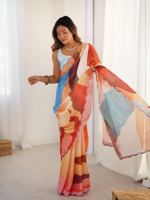 Beautiful Multi Color Chinon Fabric Casual Saree
