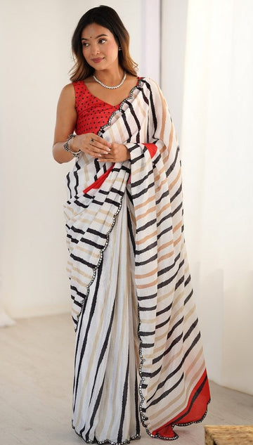 Beautiful White Color Chinon Fabric Casual Saree