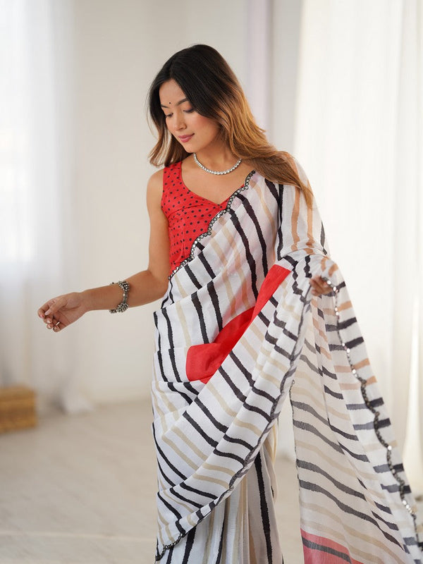 Beautiful White Color Chinon Fabric Casual Saree