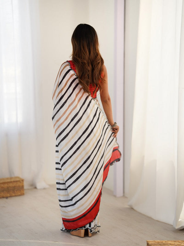 Beautiful White Color Chinon Fabric Casual Saree