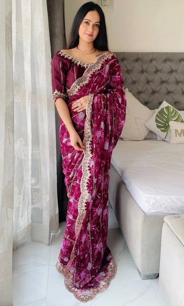 Graceful Wine Color Georgette Fabric Designer Saree