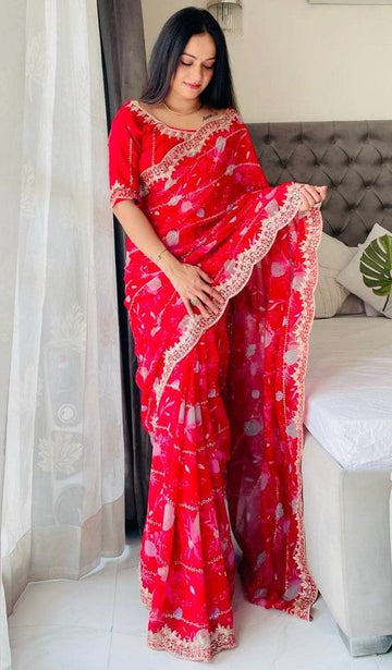 Graceful Red Color Georgette Fabric Designer Saree