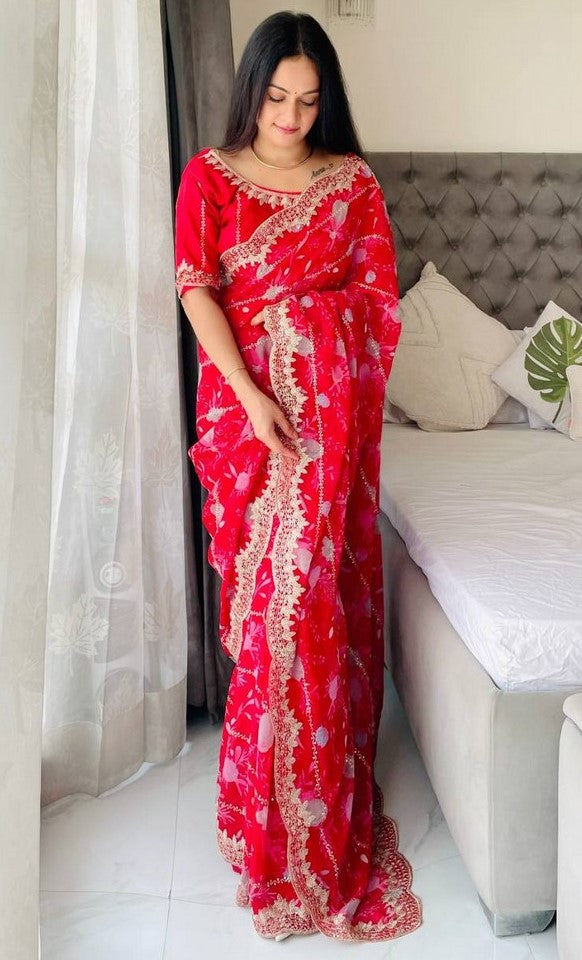 Graceful Red Color Georgette Fabric Designer Saree