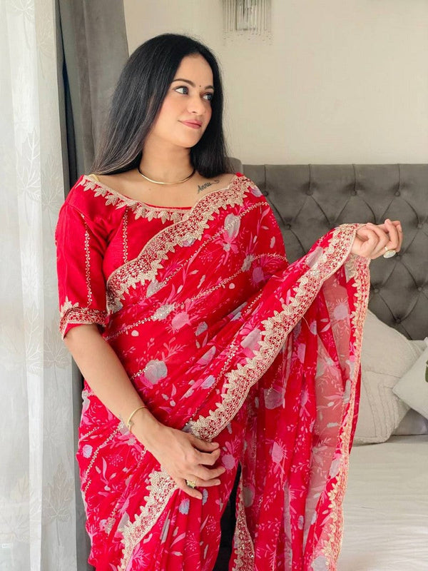 Graceful Red Color Georgette Fabric Designer Saree