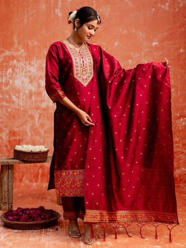 Divine Maroon Color Silk Fabric Designer Suit