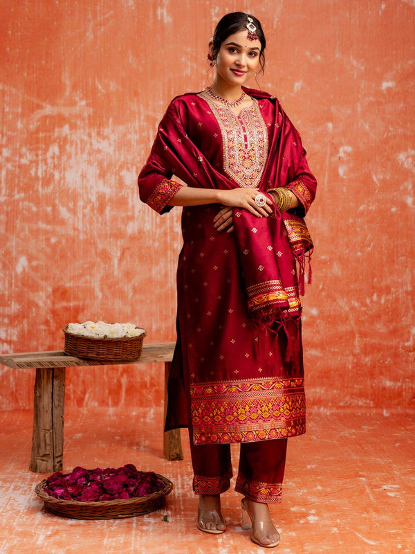 Divine Maroon Color Silk Fabric Designer Suit