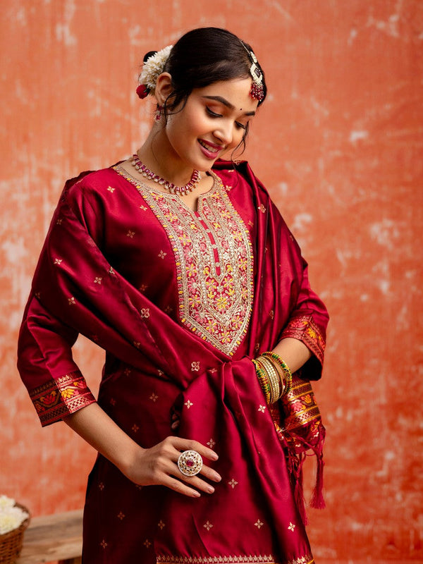 Divine Maroon Color Silk Fabric Designer Suit