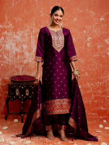 Divine Voilet Color Silk Fabric Designer Suit