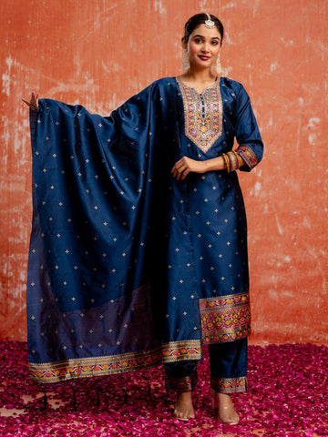 Divine Blue Color Silk Fabric Designer Suit