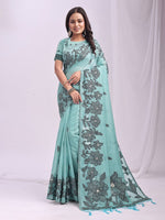 Dazzling Aqua Color Linen Fabric Designer Saree