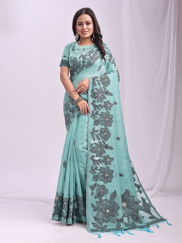 Dazzling Aqua Color Linen Fabric Designer Saree