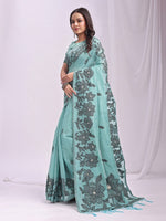 Dazzling Aqua Color Linen Fabric Designer Saree